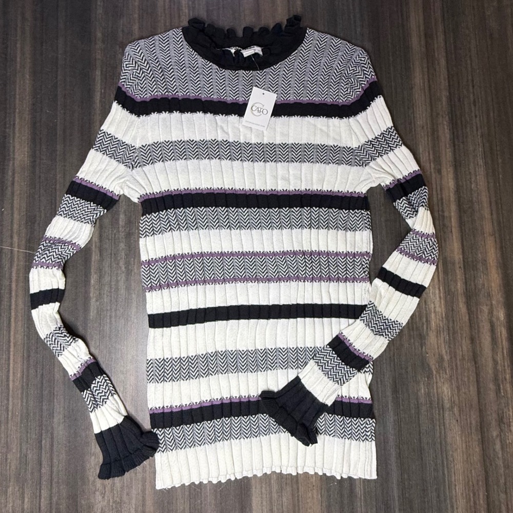 Cato Ruffle Neck Chevron‎ Stripe Long Sleeve Knit Top